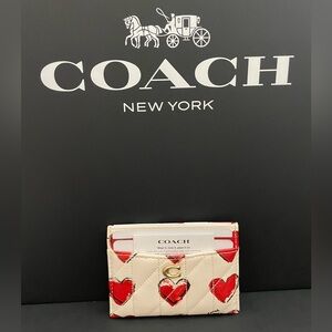 Coach Cream Card Case with Red Heart Print